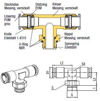 T-Verbinder Push-In, O.D. Schlauch 4mm, Aussengewinde G 1/8