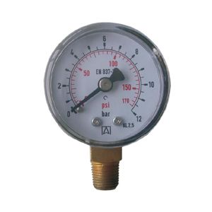Schlagfestes, gefülltes Manometer für die Industrie mit ABS-Gehäuse, Feder und Nabe aus Messing, Anschluss unten, BSPT-Gewinde gemäß Richtlinie EN 837-1 / 7,10