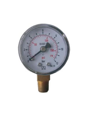 Schlagfestes, gefülltes Manometer für die Industrie mit ABS-Gehäuse, Feder und Nabe aus Messing, Anschluss unten, BSPT-Gewinde gemäß Richtlinie EN 837-1 / 7,28