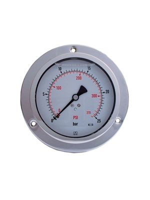 Glycerinmanometer mit 3-Loch-Flansch und Inox AISI 304-Gehäuse, Feder aus Kupferlegierung und Nabe aus Messing, BSPP-Gewinde, gemäß Richtlinie EN 837-1 / 7,20